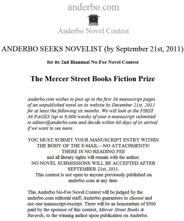 The Mercer Street Books Fiction Prize: No-Fee Novel Contest sponsored by Anderbo