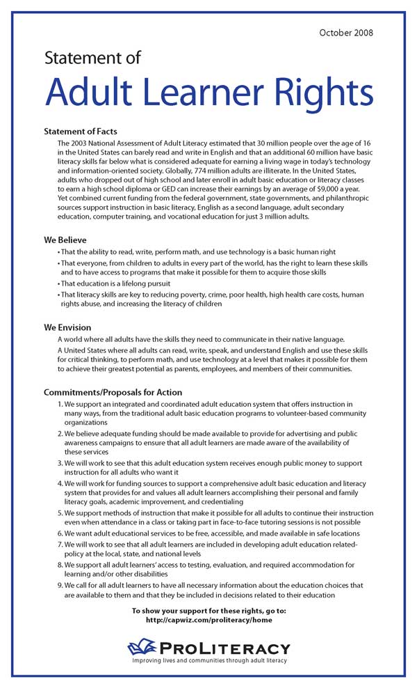 ProLiteracy Statement of Adult Learner Rights